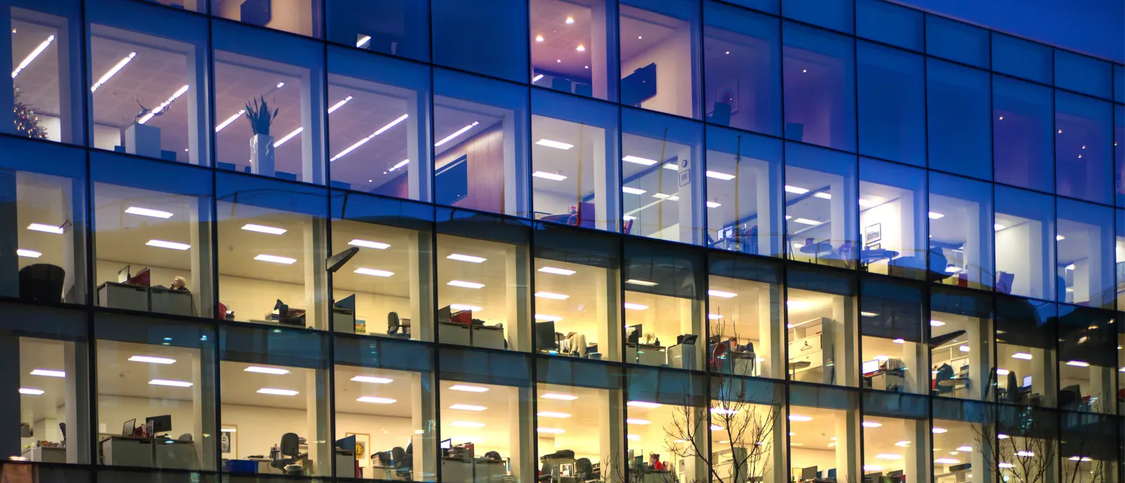 An office building at dusk, its lit windows stacked in a glass grid